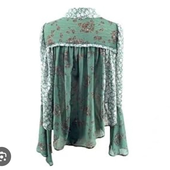 Free People Serena Floral Button Up Blouse Shirt Top Emerald Combo L Boho Hippie - Picture 3 of 8